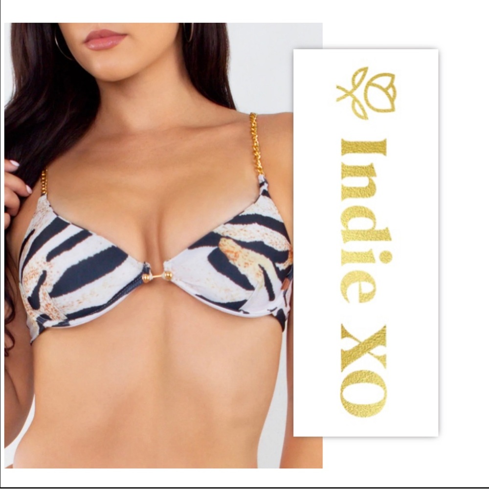 INDIE XO I'M ALL GOOD TIGER CHAIN UNDERWIRE BRAZILIAN BIKINI SWIMSUIT TOP